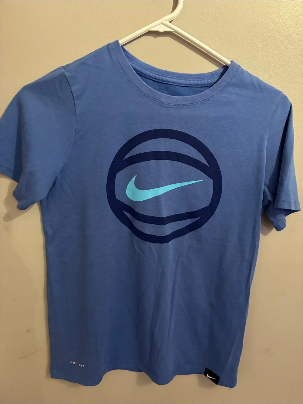 Nike Blue Short Sleeve Tee with Teal Swoosh Basketball Graphic